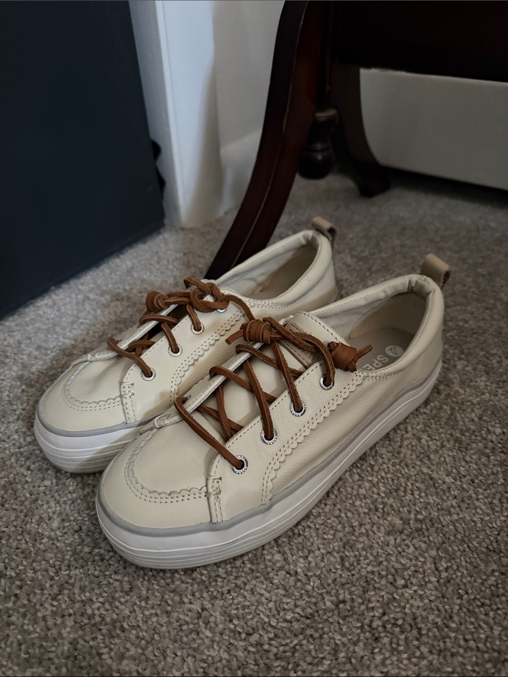 Sperry Cream Leather Platform Sneaker with Brown Laces